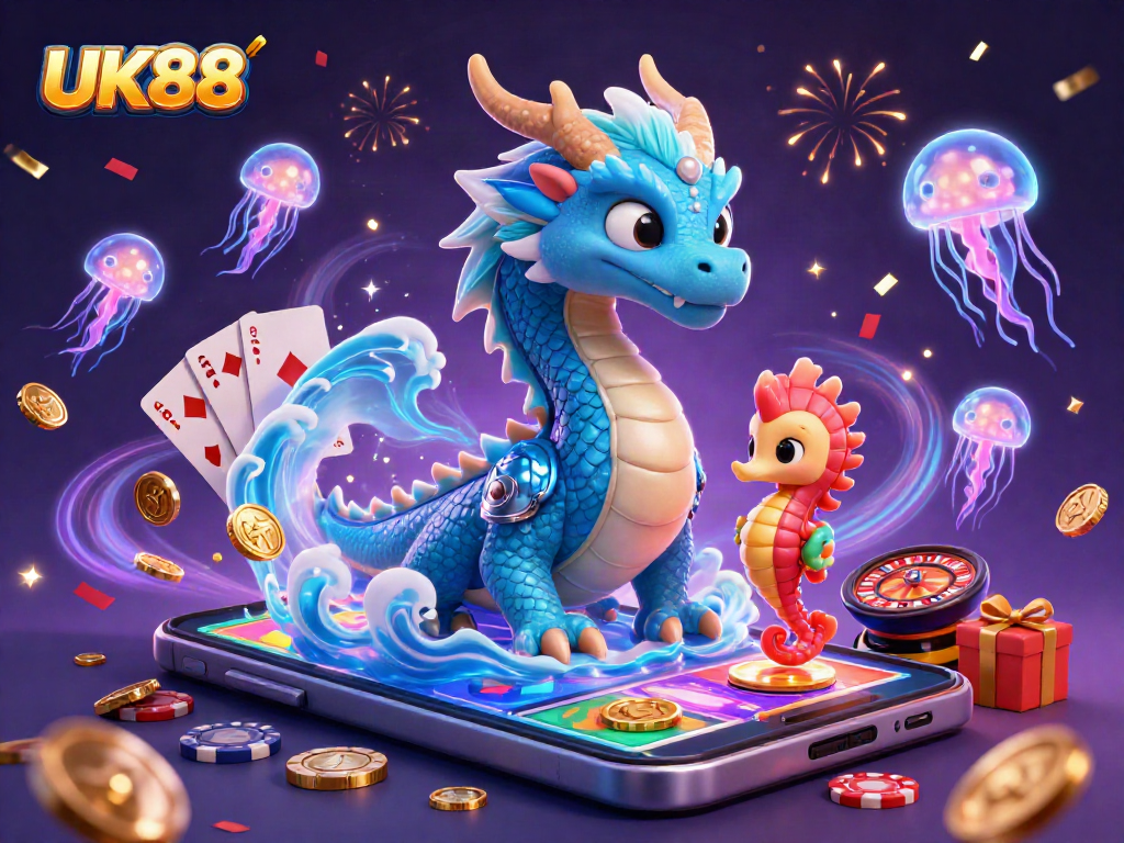 Experience thrilling gameplay with UK88's vibrant dragon and seahorse in a lively casino setting.
