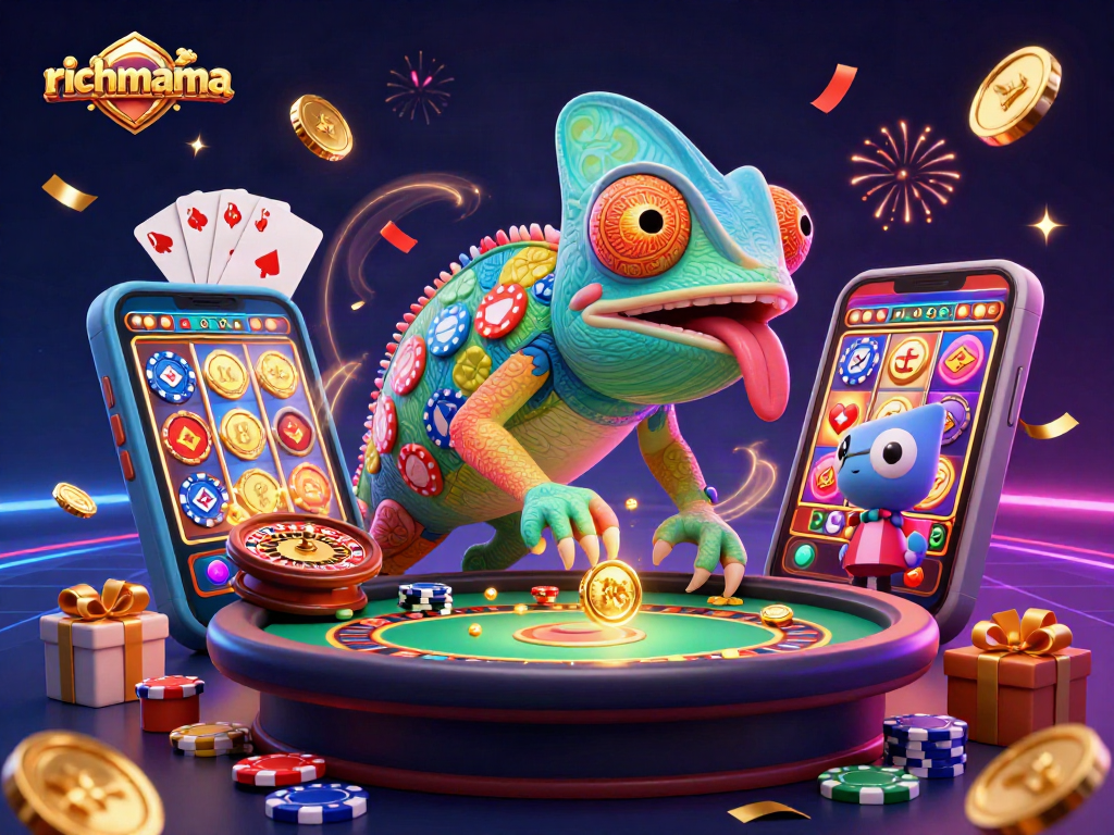 Win big with richmama gaming, featuring a colorful chameleon casino owner amidst vibrant casino action.