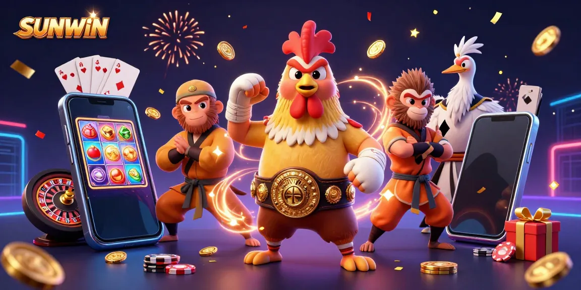 Engage with SUNWIN's dynamic gaming scene featuring colorful characters and lively casino elements.