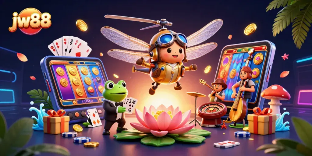 Experience thrilling casino action with jw88 as a frog croupier deals cards beneath a vibrant lily pad.