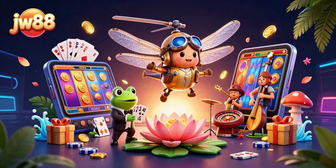 Experience thrilling casino action with jw88 as a frog croupier deals cards beneath a vibrant lily pad.