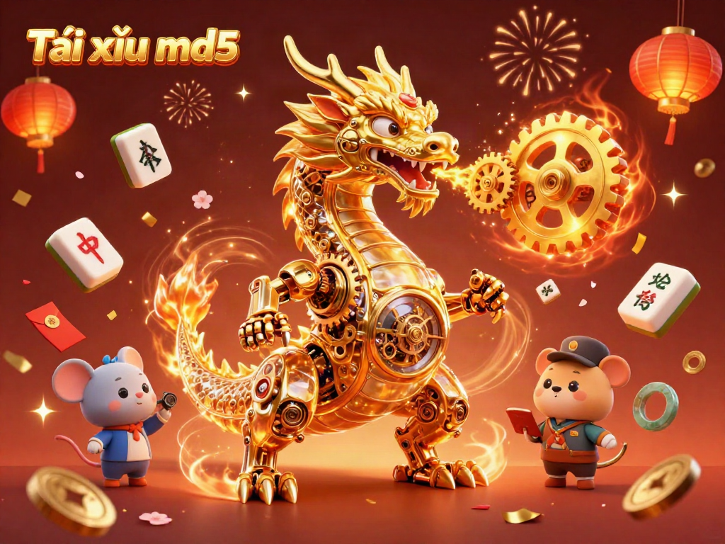 Engaging scene depicting Tài xỉu md5 with a biomechanical dragon and vibrant casino elements