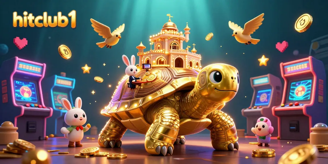 Experience winning with hitclub1 in this vibrant, dynamic casino illustration featuring a magical tortoise and rabbit dealer.