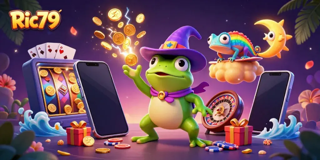 Experience the whimsical world of Ric79 with vibrant treasures and magical characters in a casino setting.