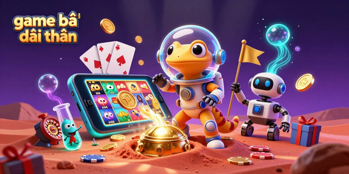 Experience game bài đổi thưởng with vibrant casino-themed 3D illustrations showcasing playful Martian characters.