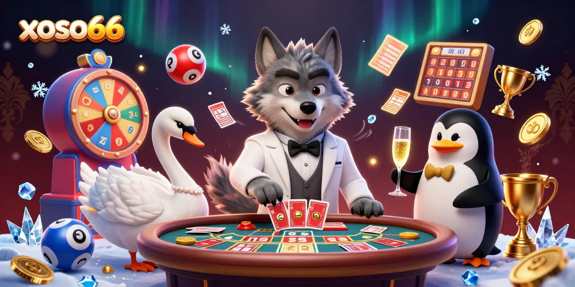 Engage with xoso66's vibrant lottery scene featuring a debonair wolf and elegant characters.