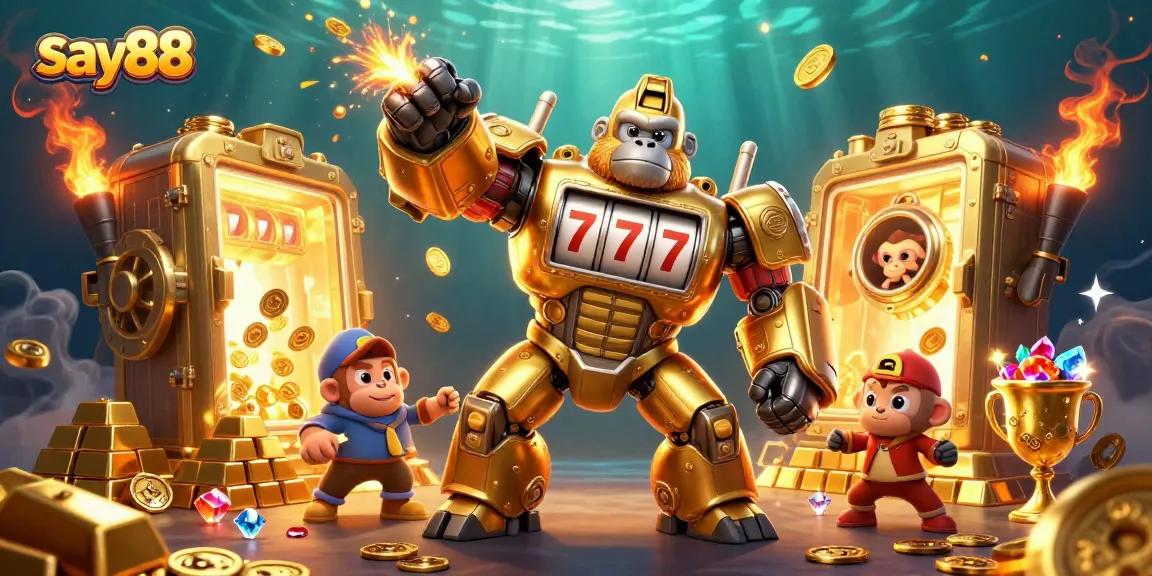 Experience thrilling gameplay at say88 with a golden gorilla mech bursting with jackpot excitement.