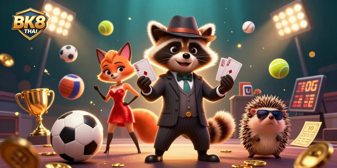 Experience thrilling gameplay with BK8THAI, where the suave raccoon holds a royal flush amidst dynamic sports bet elements.