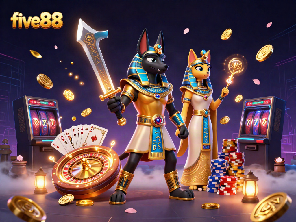 Engage in thrilling action at five88 with vibrant casino elements and dynamic characters.