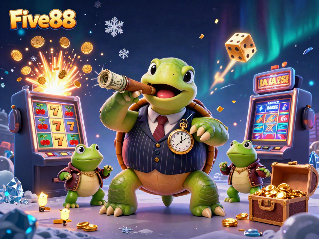 Five88’s thrilling casino scene with a vibrant turtle mobster and energetic bullfrog enforcers.
