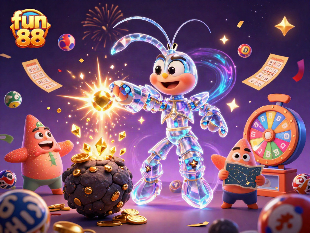 Experience fun 88 gaming excitement with a cartoon samurai shrimp amidst vibrant lottery elements.