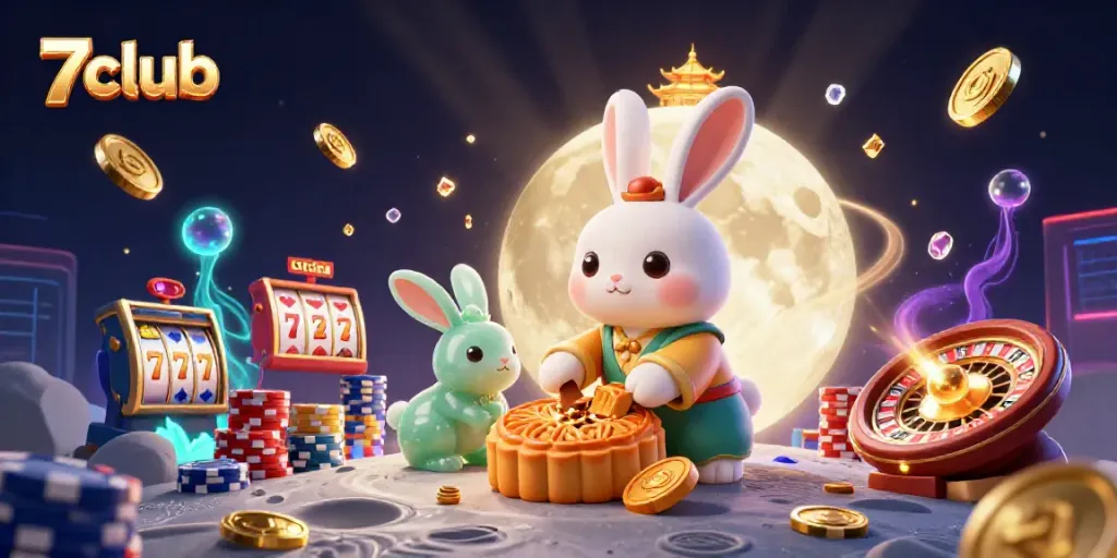Experience the excitement of 7club with stunning visuals of a moon rabbit and casino elements.