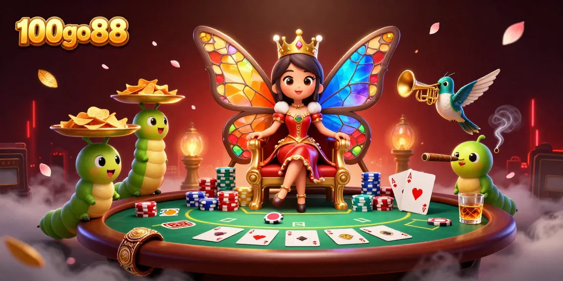 Experience the thrill at 100go88 as our butterfly queen awards poker chips in a vibrant digital casino.