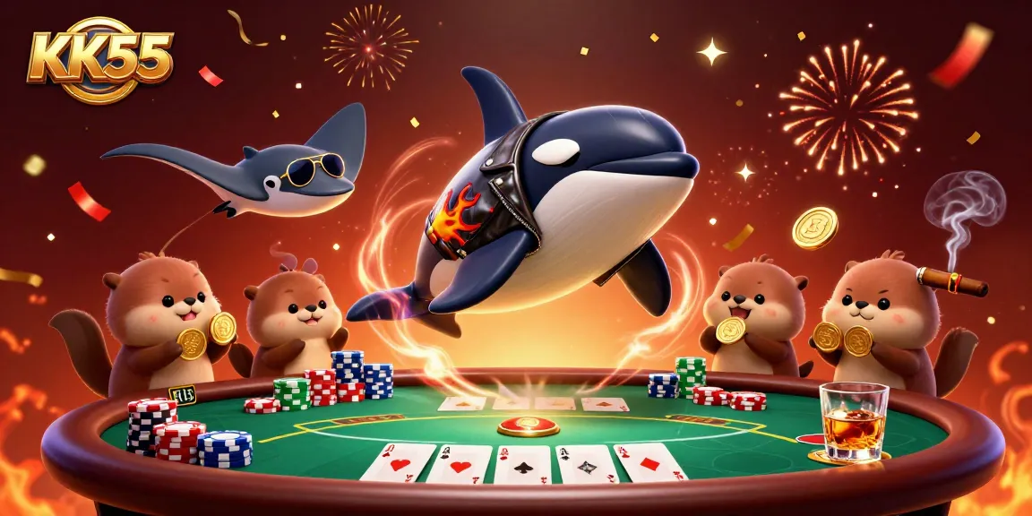KK55 players enjoying a vibrant casino scene with cartoon characters and poker elements.