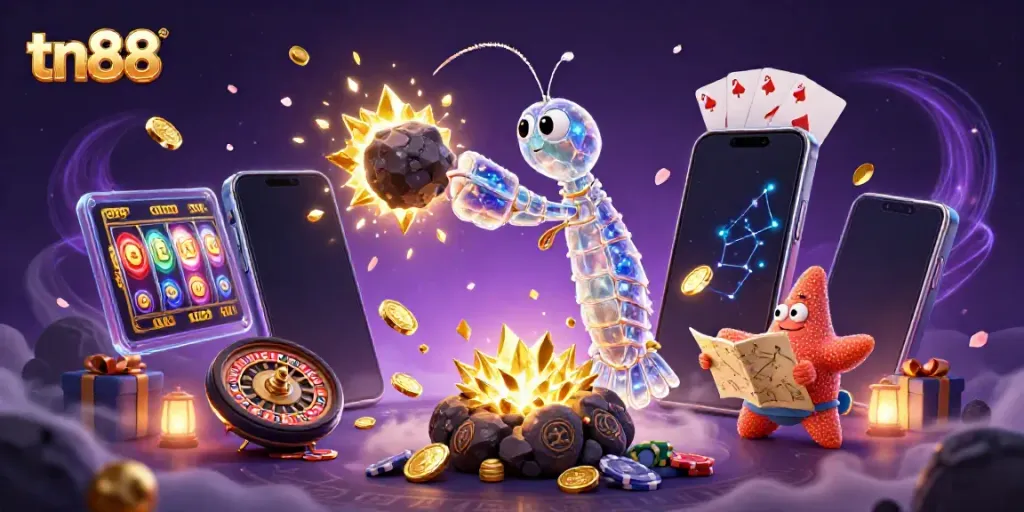 Engage with tn88's dynamic gaming scene featuring a galactic samurai mantis shrimp and casino elements.