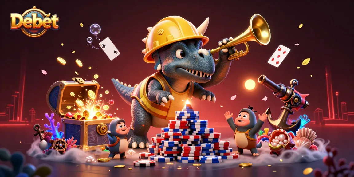 Debet showcases a vibrant casino scene with a cheerful triceratops, poker chips, and treasure elements.