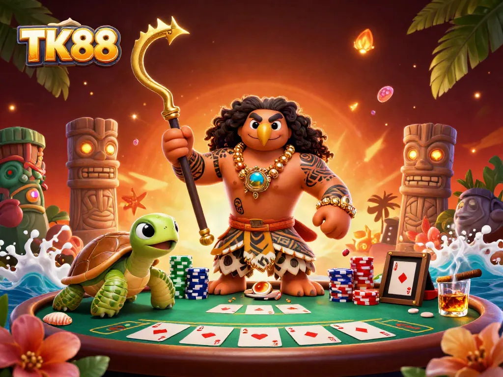 Engage in poker action with TK88 featuring a demigod and turtle amid vibrant casino elements.