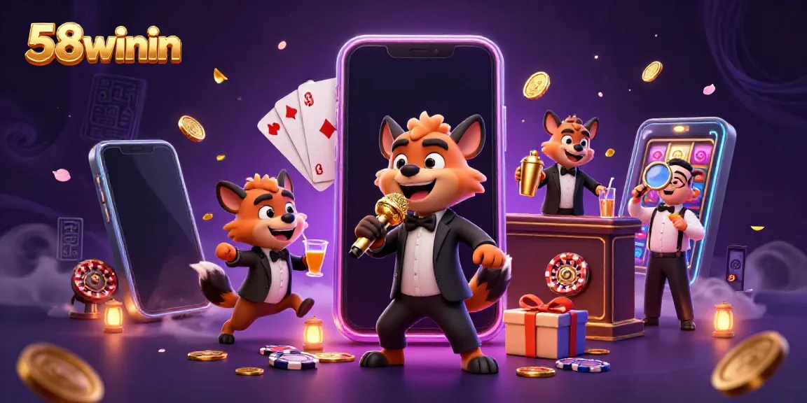 58winin showcases a dynamic comedy casino scene with hyenas hosting a vibrant gaming atmosphere.