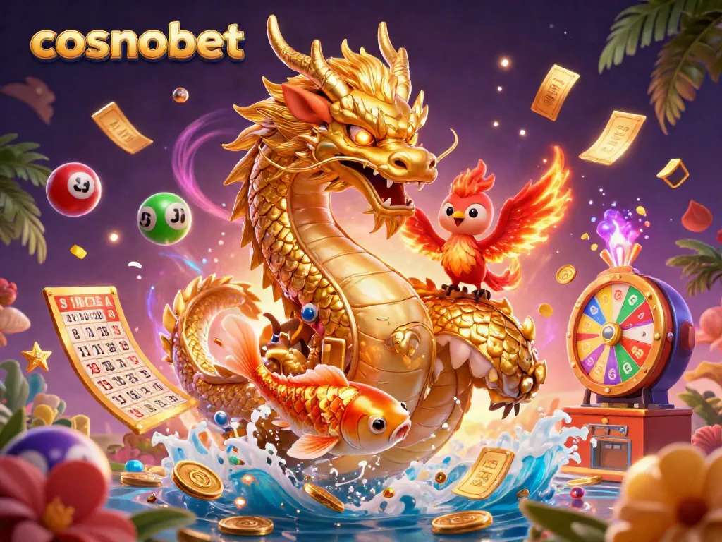 Play at Cosmobet with vibrant 3D casino illustration featuring a golden dragon, phoenix, and koi fish.