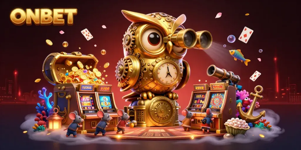 Engage with ONBET's exciting casino action through a whimsical 3D golden owl and colorful elements.