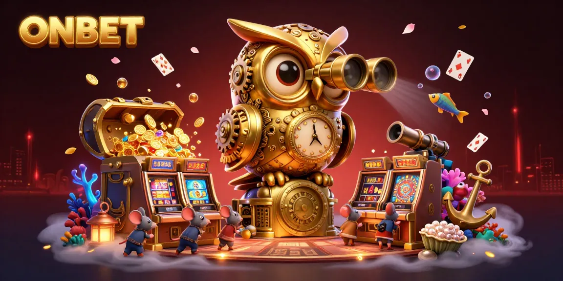 Engage with ONBET's exciting casino action through a whimsical 3D golden owl and colorful elements.