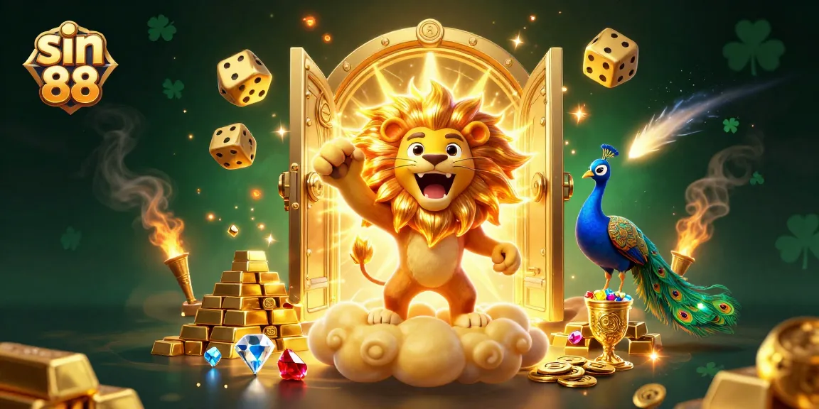 Witness the excitement at sin 88 with a roaring lion and dazzling treasures in this vibrant casino scene.