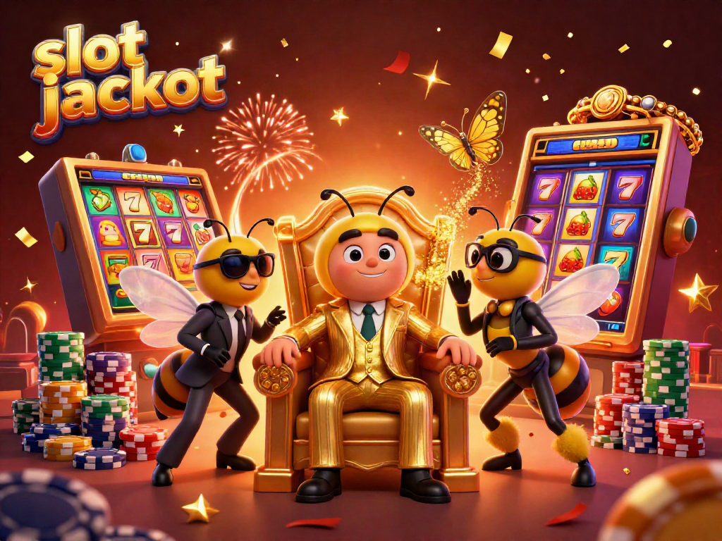Experience the excitement of slot jackpot games with animated characters in a dynamic casino scene.