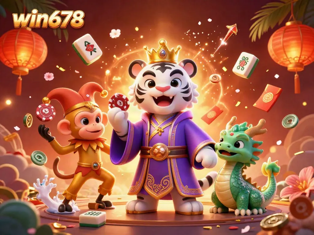 Experience the excitement of win678 with vibrant characters, poker chips, and dynamic casino elements in this stunning illustration.