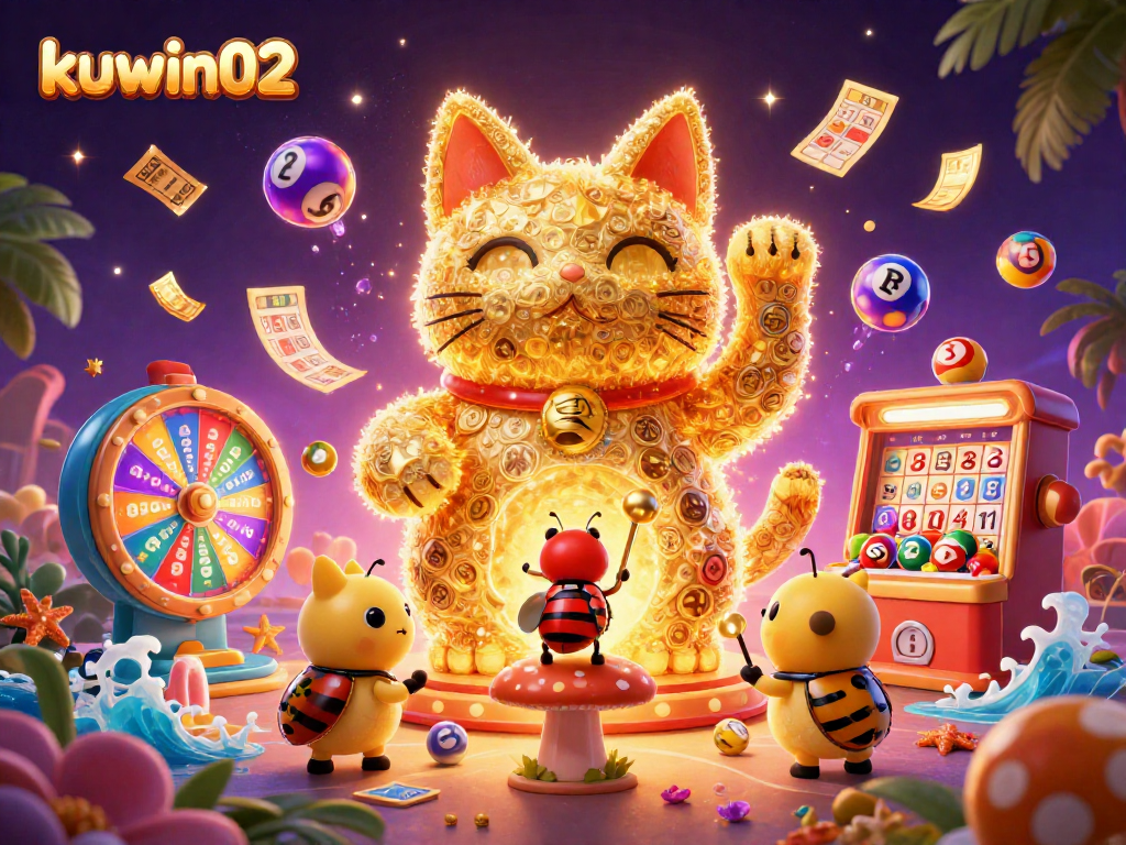 Engage with exciting kuwin02 lottery games featuring a lucky cat and vibrant prize elements.