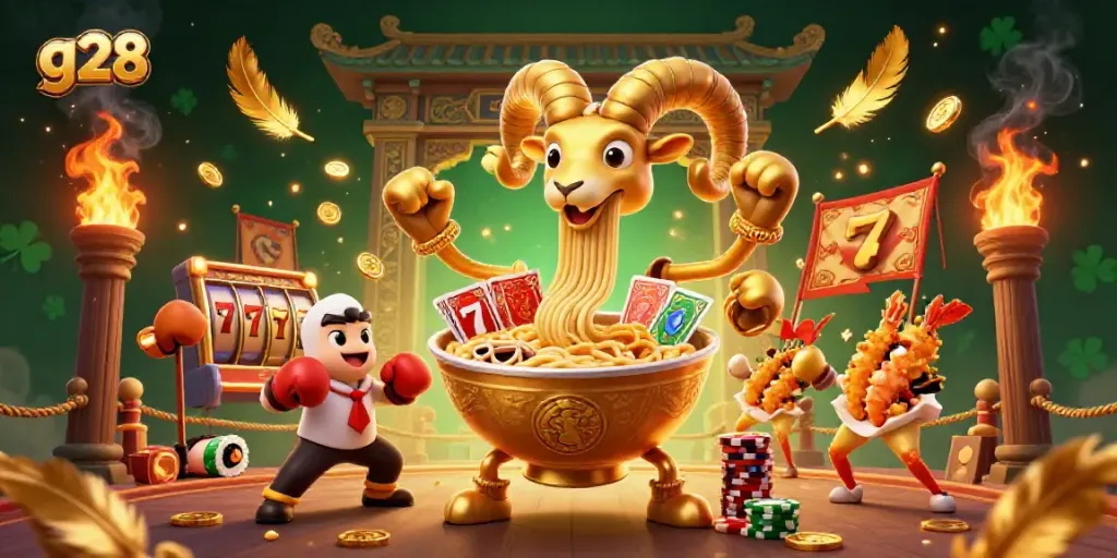 G28 casino scene with a golden ramen bowl character dealing cards, surrounded by vibrant slot elements.