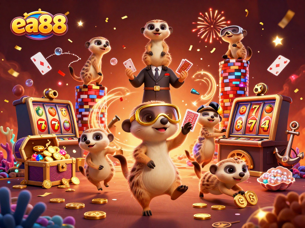 Experience the excitement of ea88 with meerkats running a casino featuring slots and vibrant game elements.