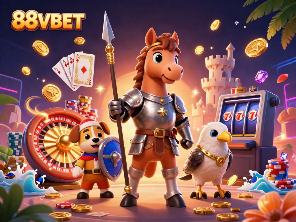 Experience the excitement of 88VBET's rich casino ambiance with medieval warriors and vibrant gaming elements.