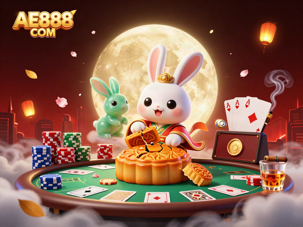 Experience high-stakes excitement with AE888 COM as the moon rabbit reveals poker chips.