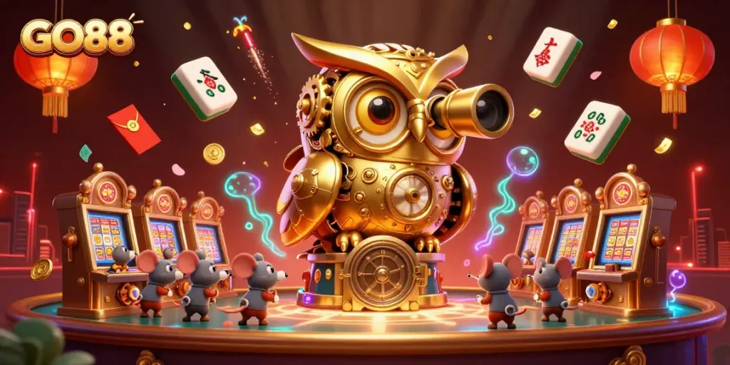 Experience GO88's vibrant casino scene with a golden owl, wind-up mouse patrons, and festive game elements.