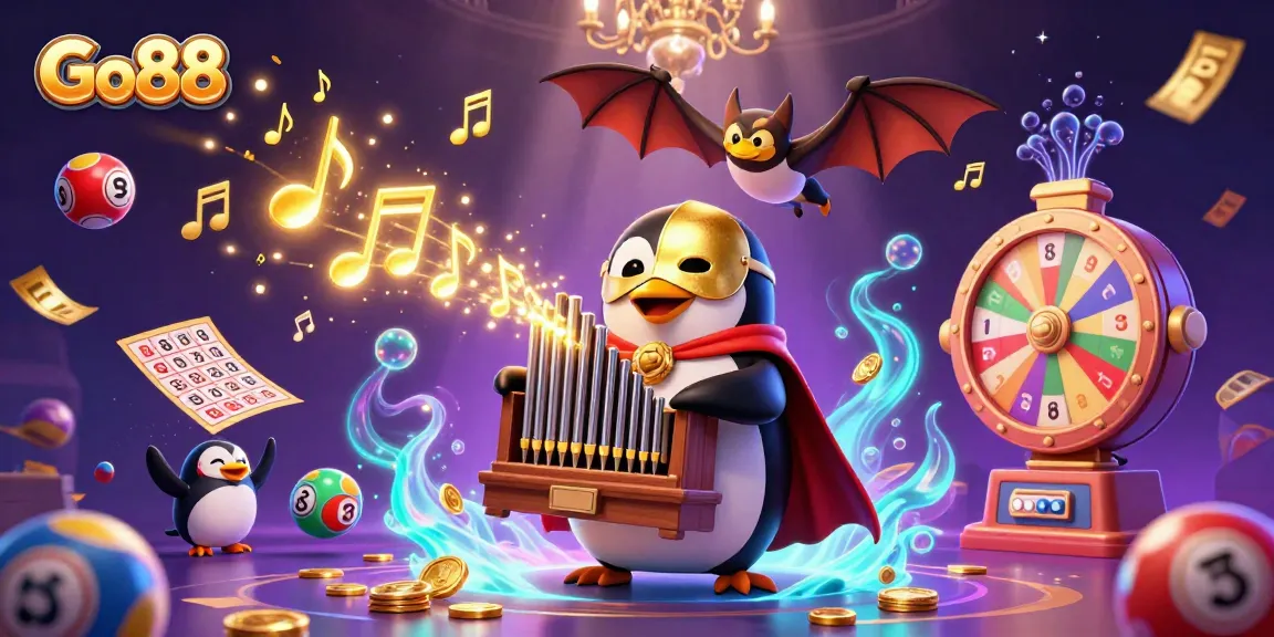 Experience the excitement of Go88 with lively lottery balls and golden coins raining down in a vibrant casino scene.