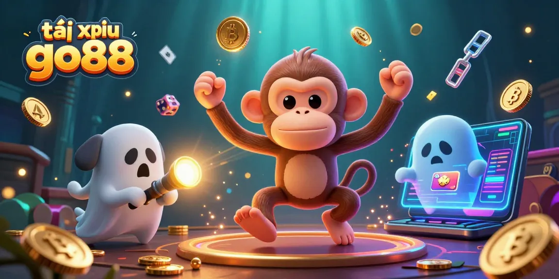 Tài xỉu go88 gameplay showcasing a mischievous poltergeist monkey juggling casino elements in a haunted atmosphere.
