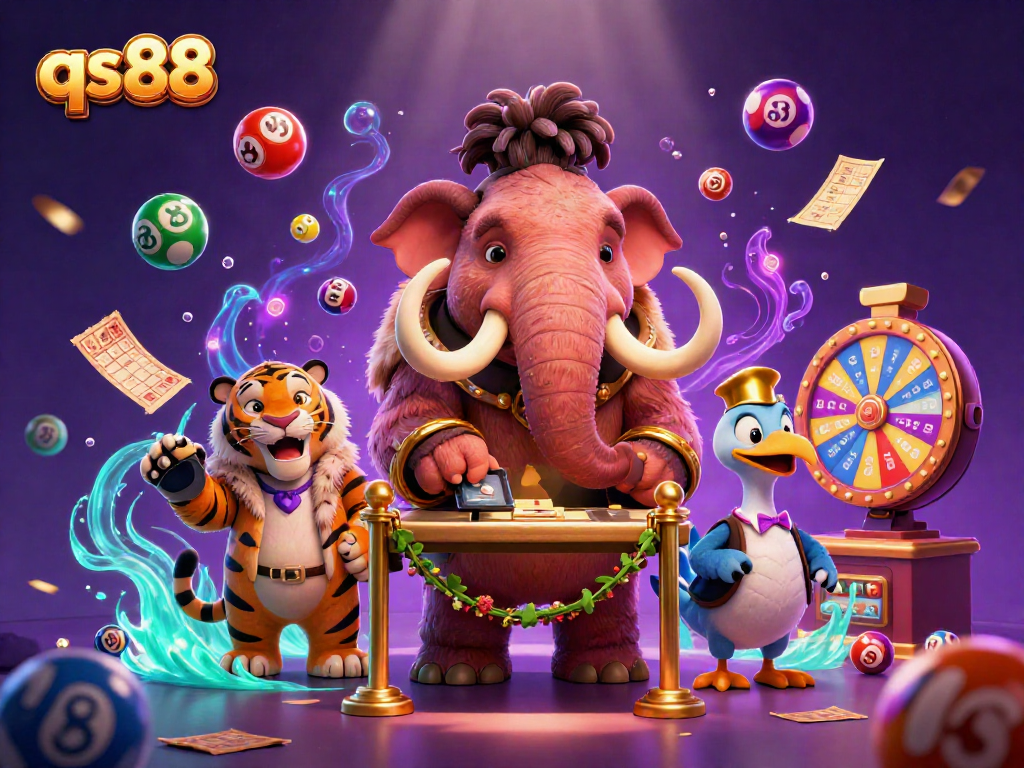 Join the action at qs88 with a vibrant casino scene featuring unique characters and dynamic lottery elements.