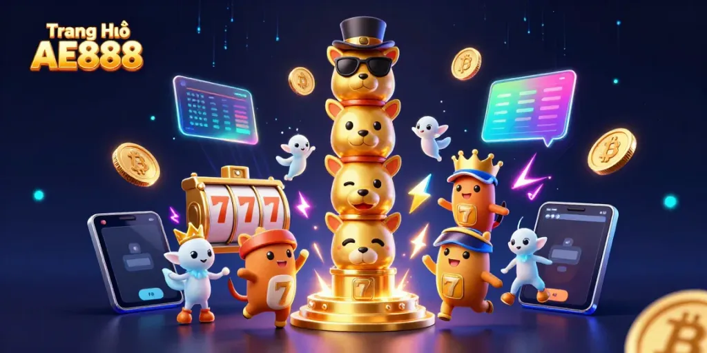 Experience thrilling gaming at Trang Chủ AE888 with unique casino characters and crypto elements.