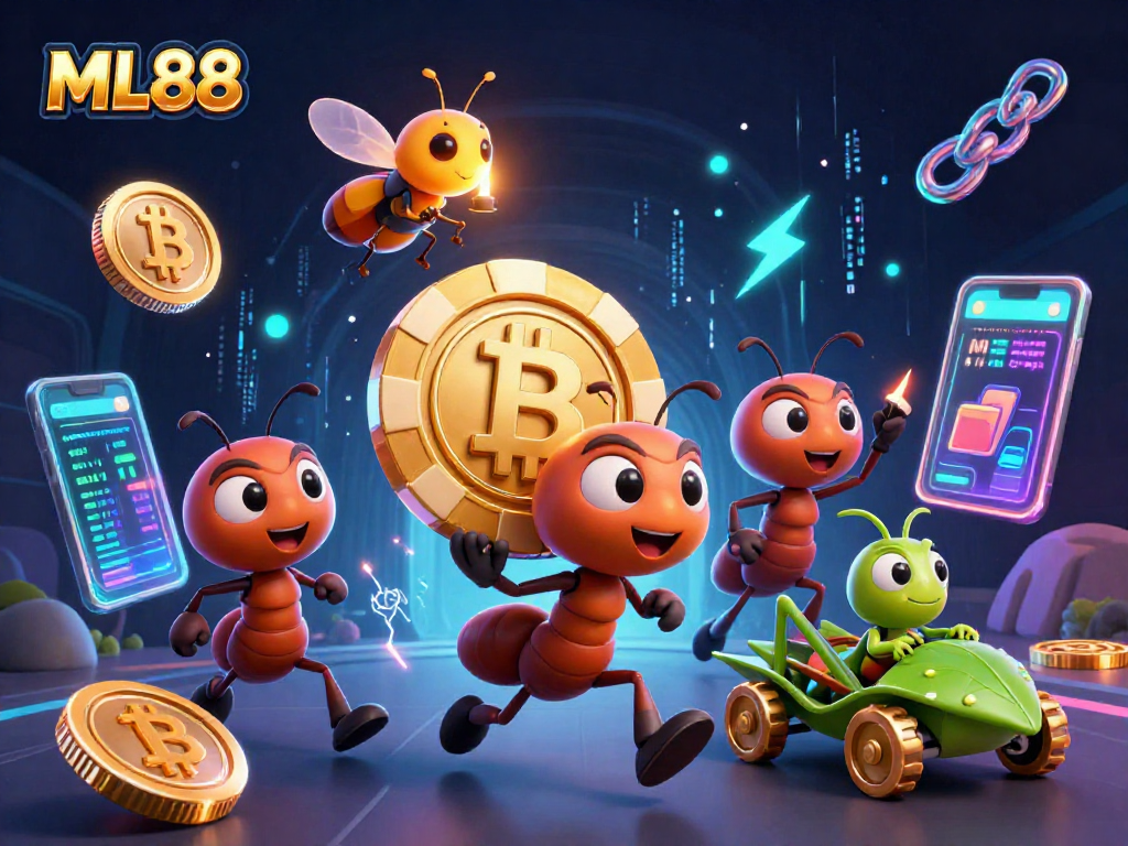 ML88 ants engage in a heist, carrying a giant poker chip in a colorful, illuminated tunnel.