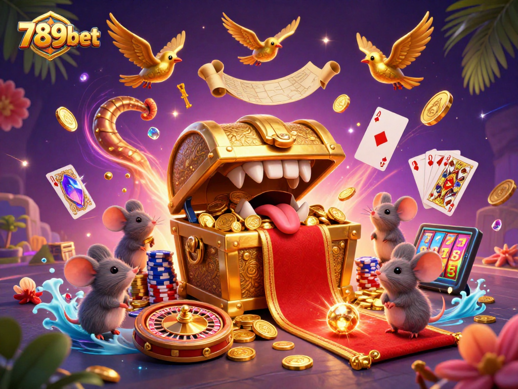 Engage with 789bet's thrilling gaming adventure featuring a loaded treasure chest and dazzling casino elements.