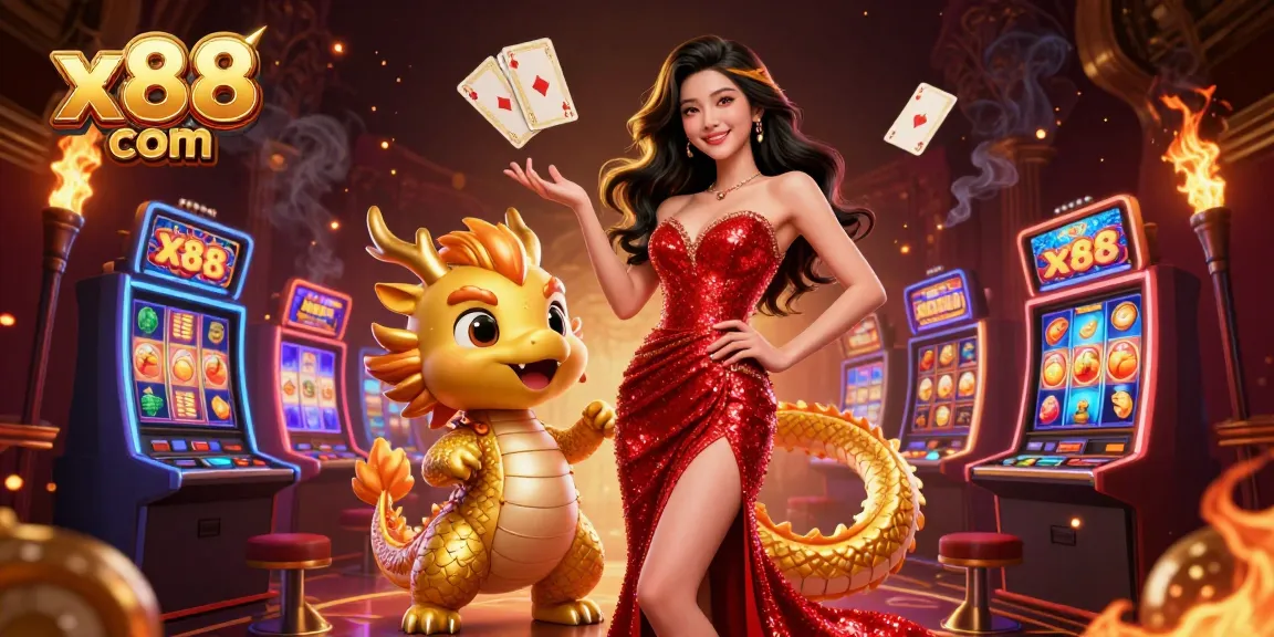Engage in exciting gameplay at x88 com with a stunning Asian woman, golden dragon mascot, and vibrant slot machines.