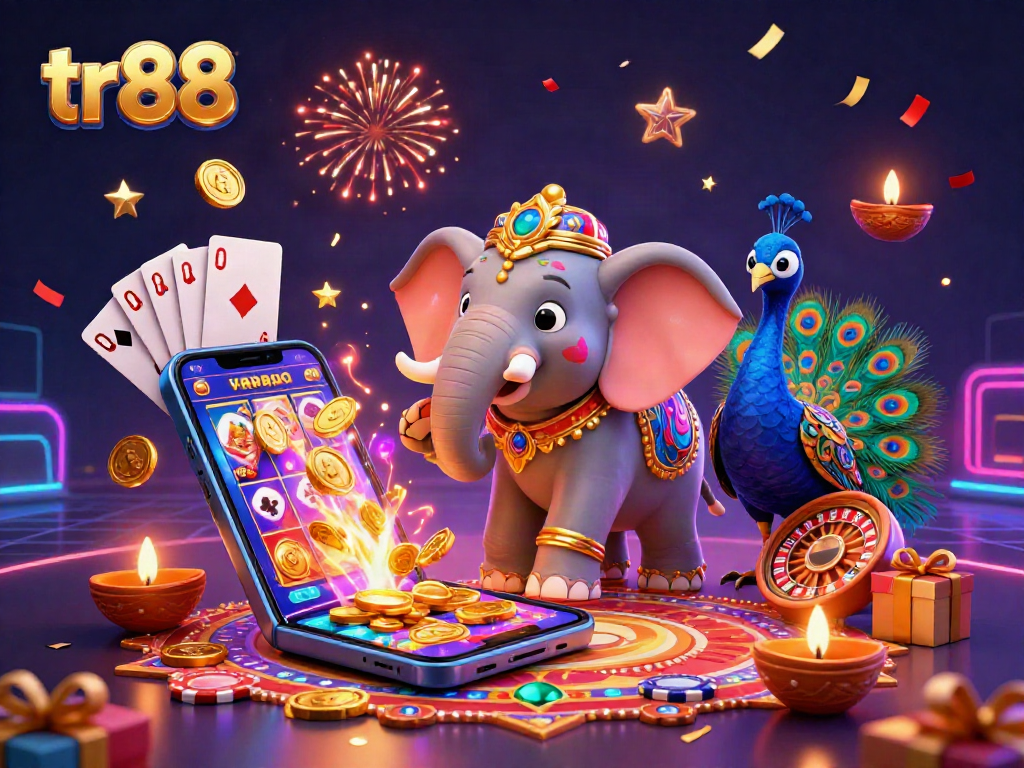 Experience exciting gameplay with tr88 in this vibrant 3D casino illustration, showcasing bright symbols and celebratory elements.