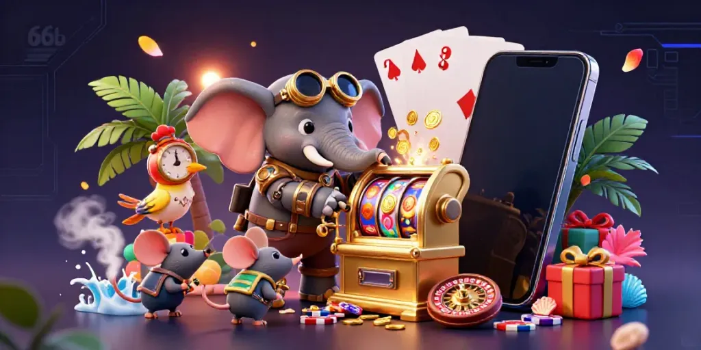 Spin the reels with 66b's steampunk elephant and win exciting prizes in this vibrant casino scene!