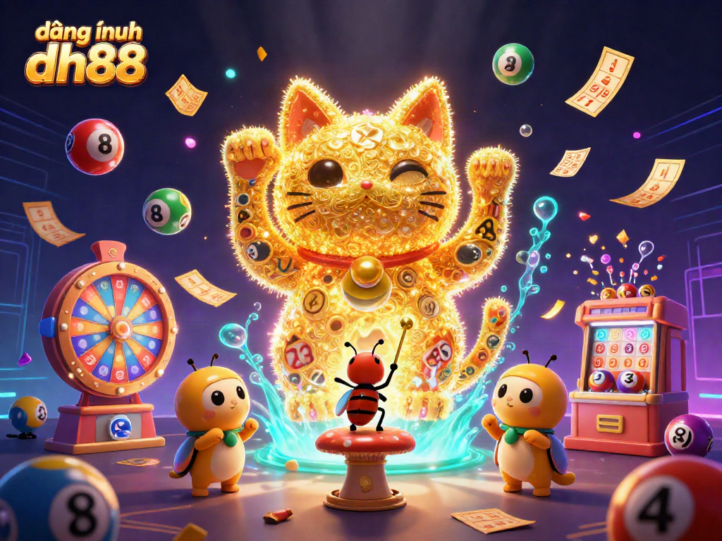 Engage with đăng nhập dh88 through dynamic lottery elements and a lucky cat illustration.