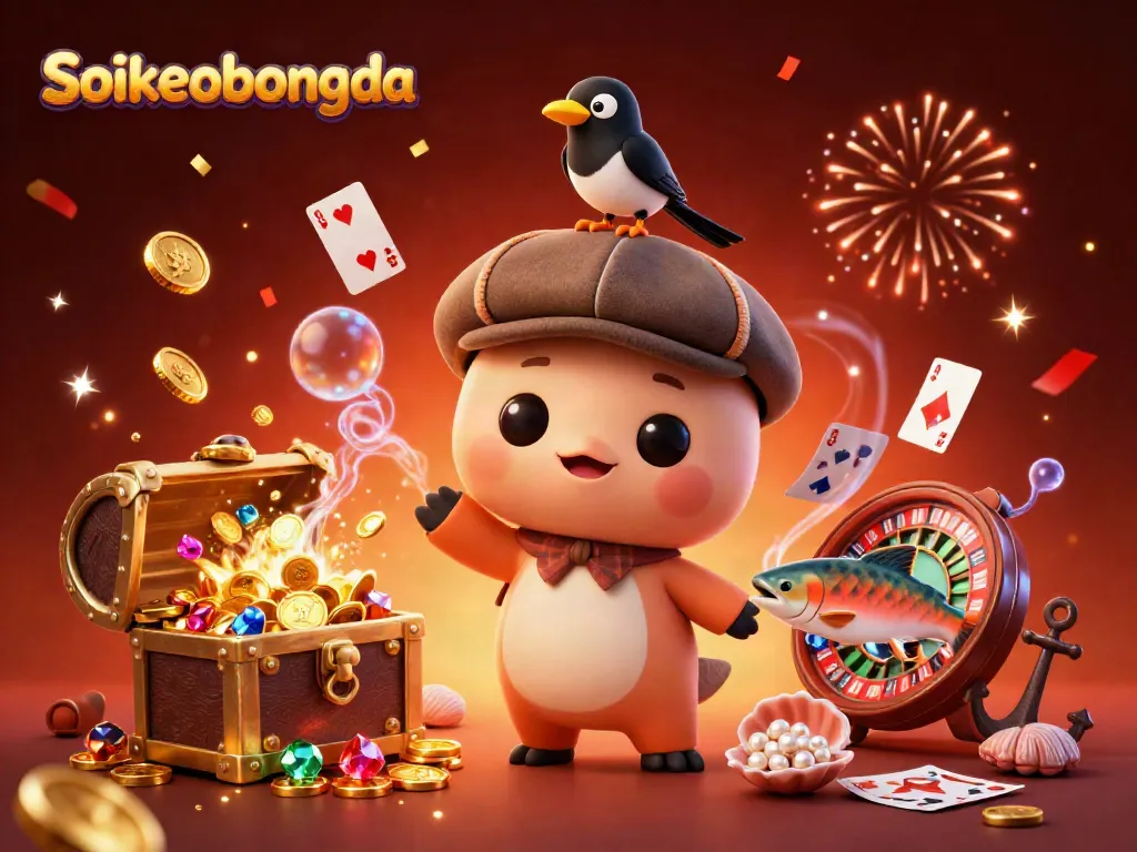 Engage in Soikeobongda sports betting fun with cute characters surrounded by gold coins and casino elements.