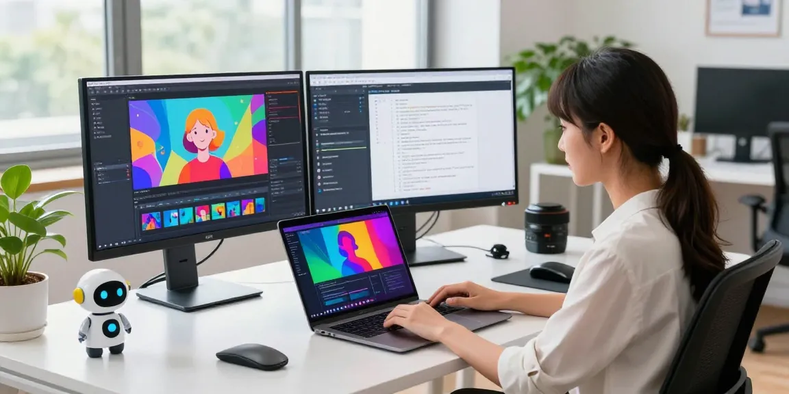 Professional workspace featuring a software developer using an AI video generator to create animated content in a modern office.