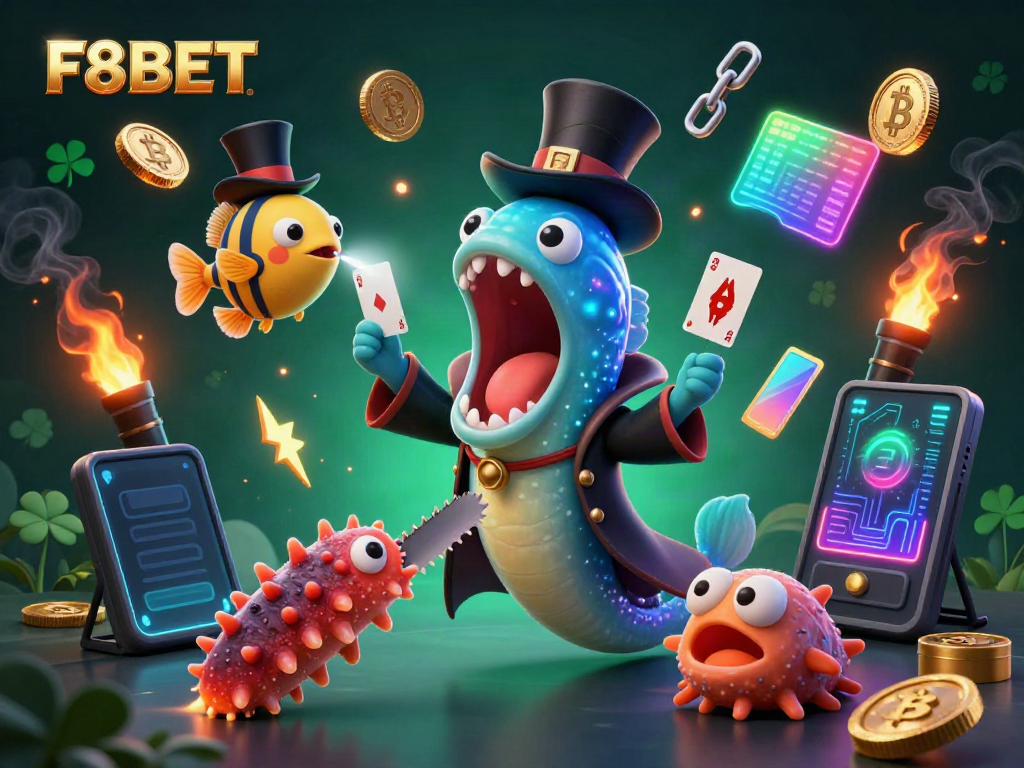 Experience the thrilling card tricks of F8BET’s deep-sea characters amidst a colorful underwater casino.