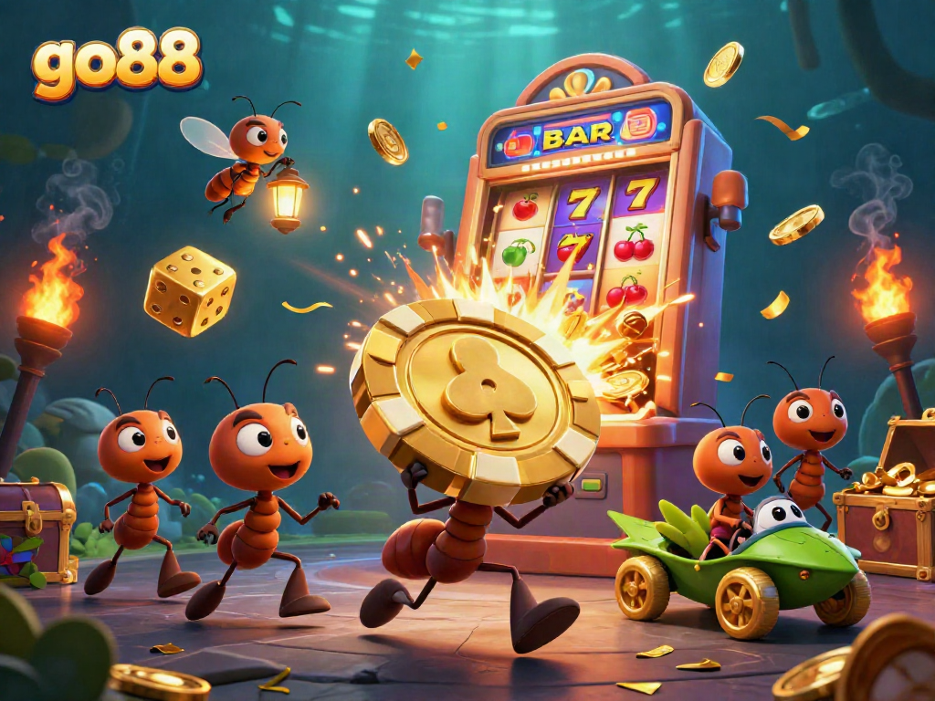 Engaging go88 illustration of ants on a heist with golden poker chips and slot jackpot