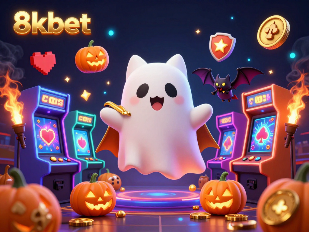 Experience the thrill of 8kbet with a ghost cat and a bat in a vibrant online casino scene.
