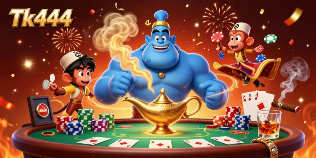 Experience the thrill of Tk444 online casino gaming with a vibrant 3D genie scene filled with poker action.